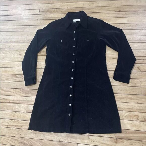 VTG EDDIE BAUER Velvet Shirt Dress Womens Snap Button Long Sleeve Collar Black L - Picture 11 of 13